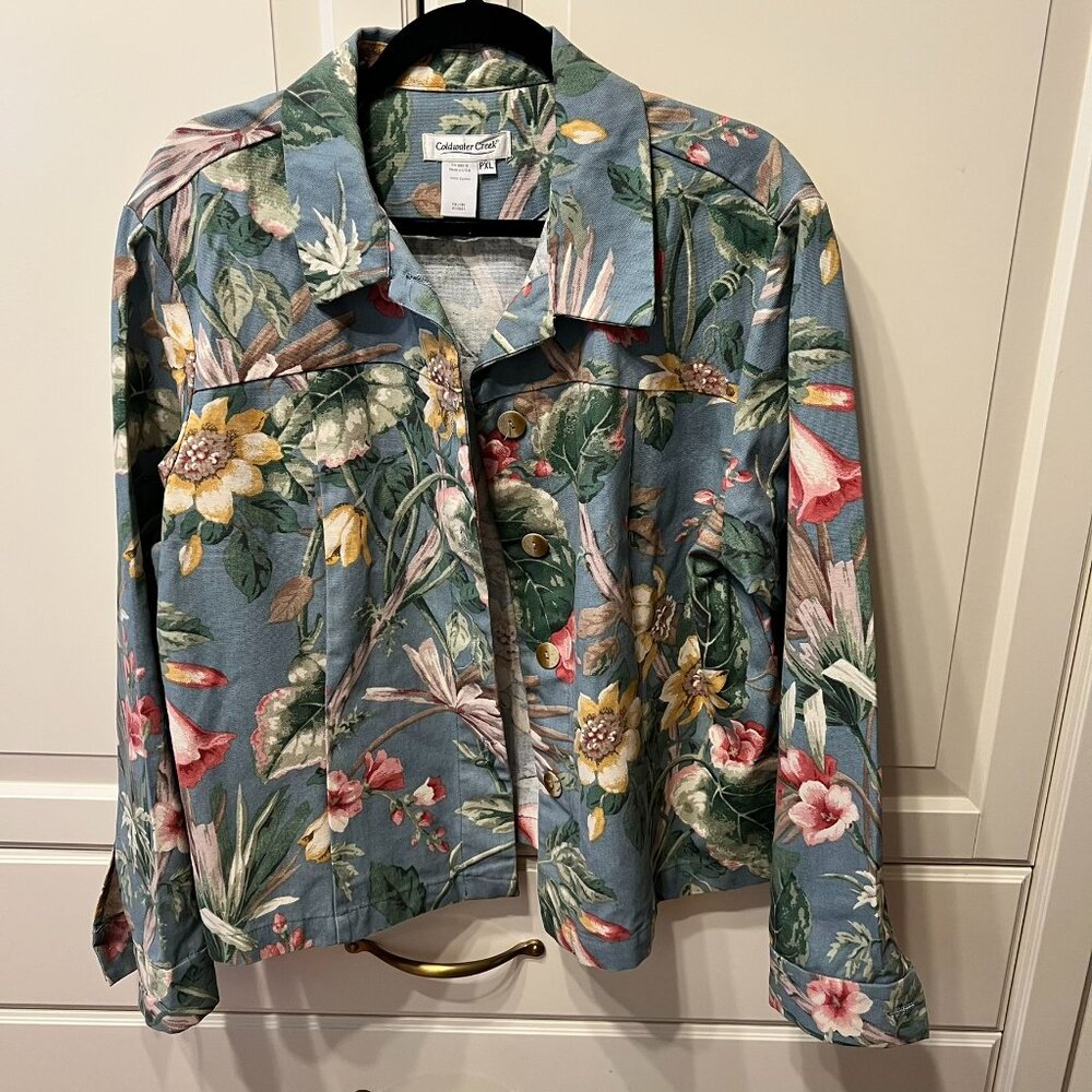 COLDWATER CREEK Blue Floral Hip-Length‎ Jacket (PXL) OMG – SUPER CUTE! (NWOT)